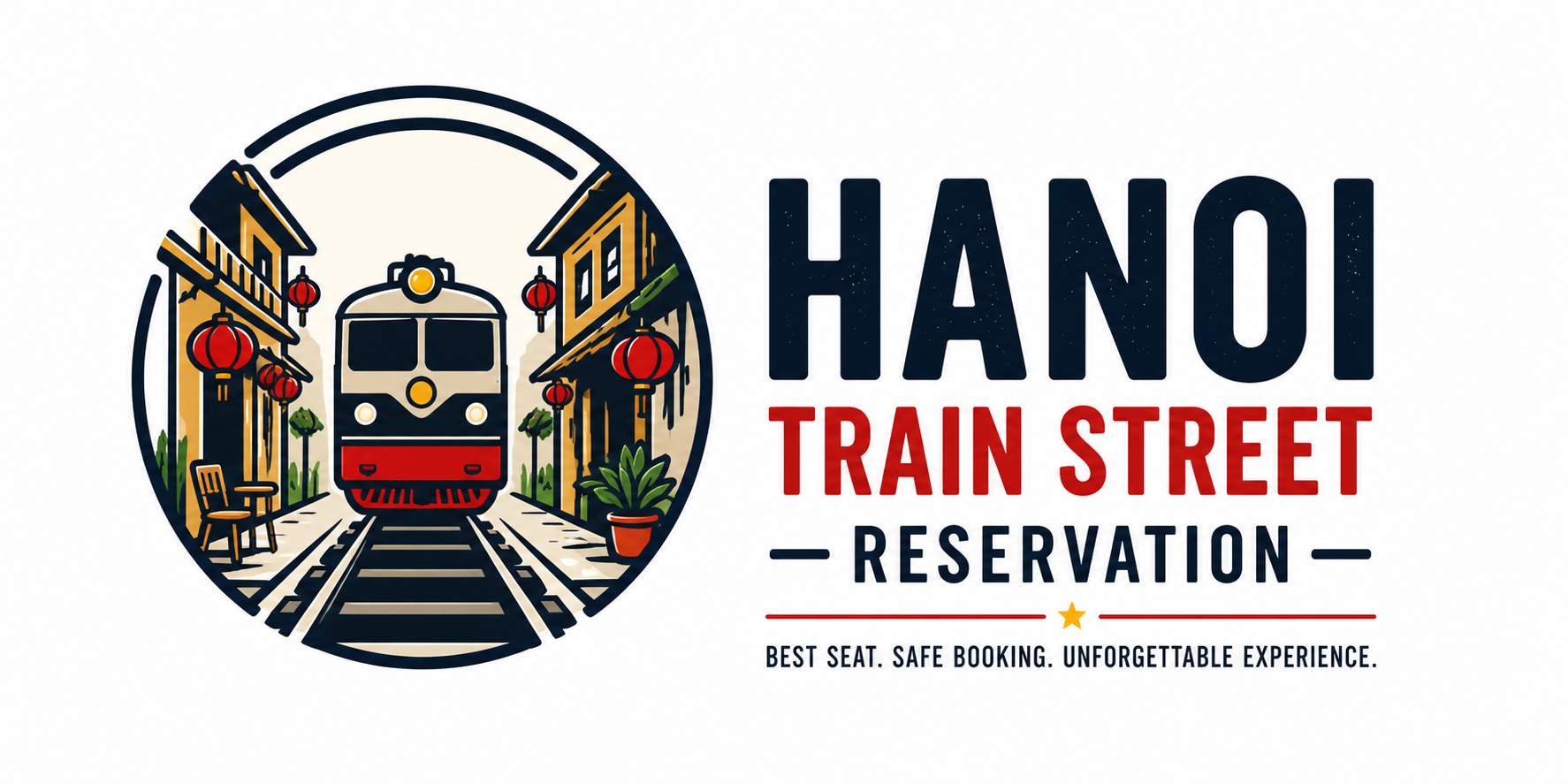 Hanoi Train Street Reservation logo with train in narrow street and lanterns